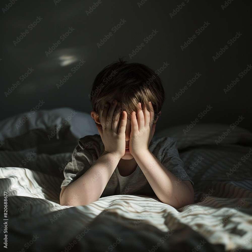 The boy covered his face with his hands from fear and sadness The boy covered his face with his hands from fear and sadness