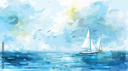 Watercolor seascape sailing boat sail backdrop hand 