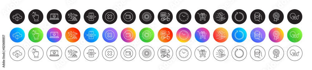 Fan engine, Augmented reality and Favorite app line icons. Round icon gradient buttons. Pack of Loop, Loan percent, Cloud protection icon. Time, Shopping cart, Delivery plane pictogram. Vector Fan engine, Augmented reality and Favorite app line icons. Round icon gradient buttons. Pack of Loop, Loan percent, Cloud protection icon. Time, Shopping cart, Delivery plane pictogram. Vector