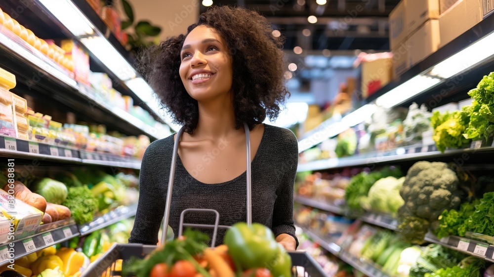 A woman with curly hair happily shops for fresh produce in a supermarkets aisle, adding healthy items to her cart with a joyful smile. She enjoys grocery shopping for organic fruits and vegetables