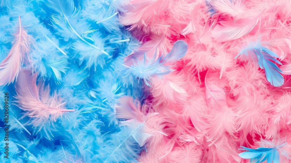 Vibrant pink and blue feathers showcasing diverse textures in a detailed close up shot Vibrant pink and blue feathers showcasing diverse textures in a detailed close up shot