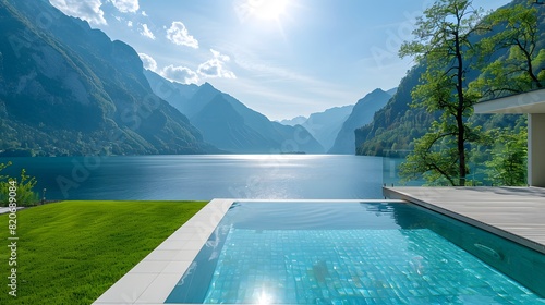 luxurious outdoor setting with a rectangular swimming pool situated on a flat, white-tiled platform. The pool is filled with clear blue water, reflecting the sunlight photo