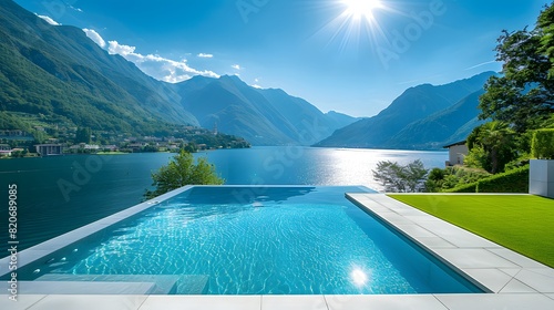luxurious outdoor setting with a rectangular swimming pool situated on a flat, white-tiled platform. The pool is filled with clear blue water, reflecting the sunlight photo