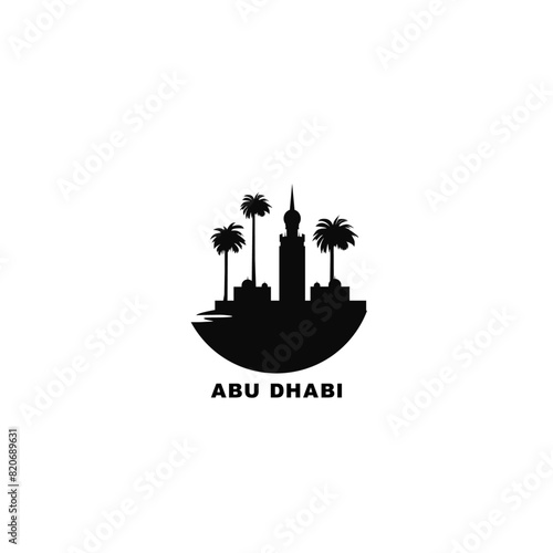 Abu Dhabi cityscape skyline city panorama vector flat modern logo icon. UAE, Arab Emirates travel emblem idea with landmarks and building silhouettes. Isolated round shape black graphic