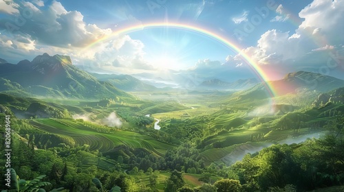 A panoramic view of a full rainbow