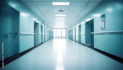 bright empty defocused hospital corridor background with copy space