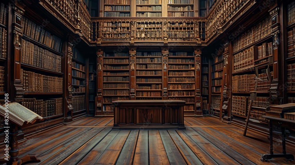 Old library interior, library books.