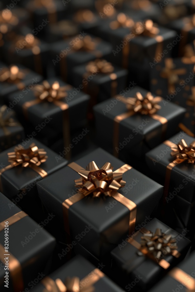 Black gift boxes with gold ribbons on a black background. Black gift boxes with gold ribbons on a black background.