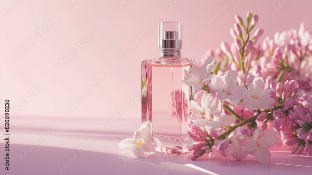 A bottle of perfume and a sprig of tuberose in the sun's rays on a pink background. A bottle of perfume and a sprig of tuberose in the sun's rays on a pink background.