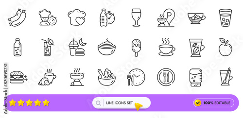 Salad, Grill place and Chef line icons for web app. Pack of Food time, Sausage, Night eat pictogram icons. Water glass, Tea mug, Ice tea signs. Water bottle, Coffee break, Cappuccino. Vector