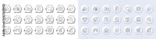 Coronavirus, Volunteer and Skin cream line icons. White pin 3d buttons, chat bubbles icons. Pack of Medical mask, No vaccine, Coronavirus spray icon. Vector