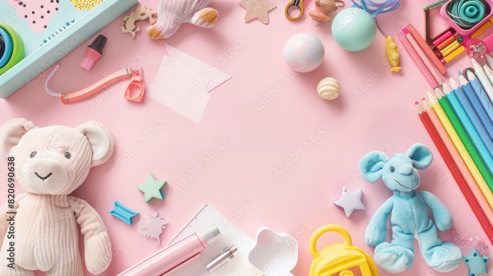 Discover the magic of education for small kids through this top view photograph, an appealing selection of colorful child stationery on pink isolated background, ready for text or advert placement
