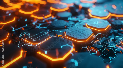 Construct an abstract landscape composed of glowing hexagons, representing the interconnected nature of technology and data-driven innovation.