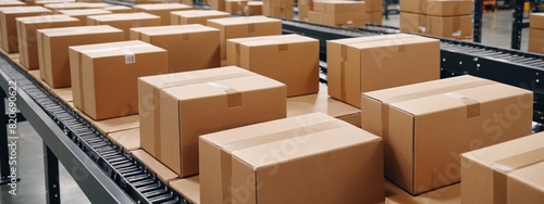 Closeup of cardboard box packages, moving along a conveyor belt in a warehouse fulfillment facility, e-commerce, delivery, automation, and products. © 360VP