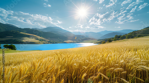 a field of wheat with a blue lake in the background. photo