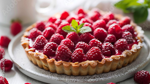 a pie with raspberries on it sits on a table. photo