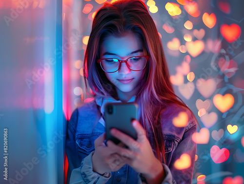a girl wearing glasses looking at her phone. photo