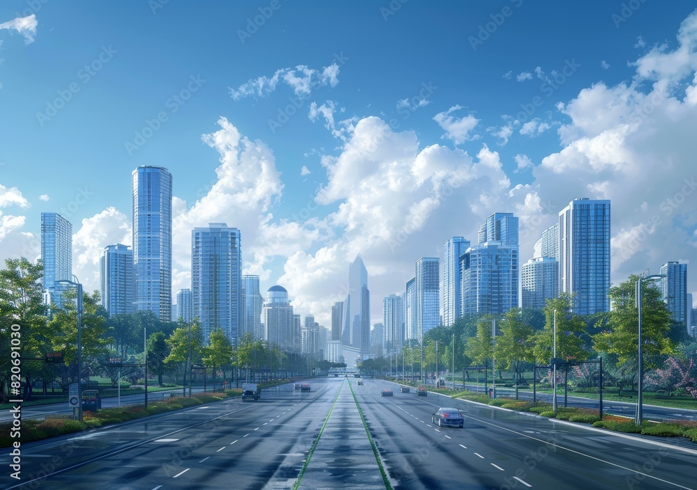 Busy City Street with Cars and Pedestrians Busy City Street with Cars and Pedestrians