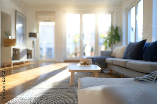 Blurred view of light living room with sofa and soft bench - Generative ai © FDStock