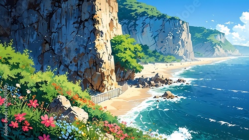 Animated anime landscape panorama of a cliff beach with greenery summer scene photo