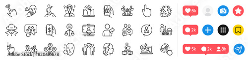 Friends couple, Ethics and Dating chat line icons pack. Social media icons. Insomnia, Refer friend, Leadership web icon. Selfie stick, Empower, Save planet pictogram. Vector