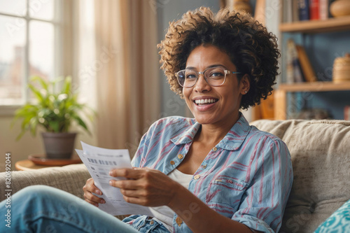 Beautiful happy Afro woman sits on a sofa in living room and reading a document or letter with good news. Good news, approval of a bank loan, promotion at work