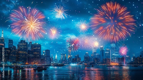 A vibrant display of fireworks lighting up the night sky over a bustling cityscape with illuminated skyscrapers and reflections on the water. © thowithun