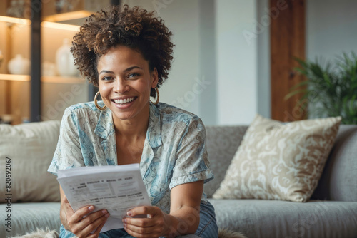 Portrait of African American woman sits on a sofa in living room and reading a document or letter. She is smiling and she is happy. Good news, approval of a bank loan, promotion at work