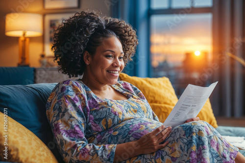 Pregnant African American woman is sitting on the sofa in the living room, holding a document or letter with good news in her hand. Good news, excellent pregnancy tests, bank loan approval