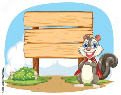 Cartoon squirrel standing by a wooden signboard