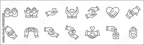 Aids icons. Charity and donation icon set. Charity hands icon. Giving hand sign. Helping hand symbol. Vector stock illustration. Collection contains symbol of volunteer, donating, compassion, funding