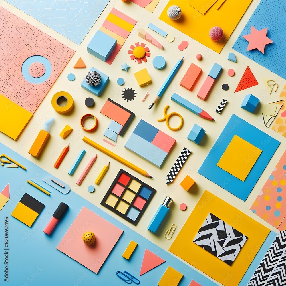 AI Generate of Background texture of Fashion Papers in Memphis Geometry Style. Yellow, blue, light blue, red and pastel pink colors. Top view, flat lay. AI Generate of Background texture of Fashion Papers in Memphis Geometry Style. Yellow, blue, light blue, red and pastel pink colors. Top view, flat lay.