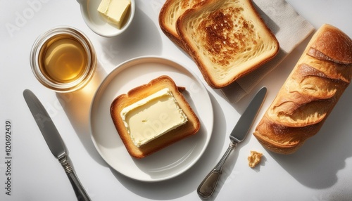 Petit-déjeuner avec des tartines de pain grillé et du beurre