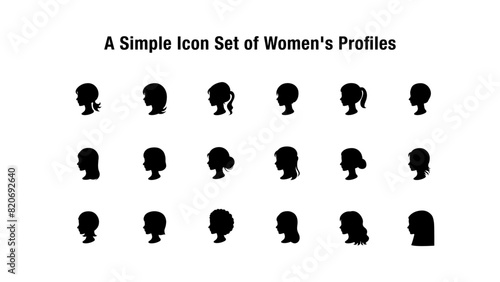 シンプルな女性の横顔のシルエットアイコン　いろいろな髪型