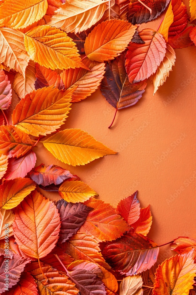 Obraz premium Autumn foliage viewed from above on orange background with generous room for accommodating text