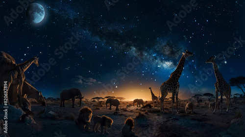 giraffes, lions, elephants and monkeys in the desert at night
