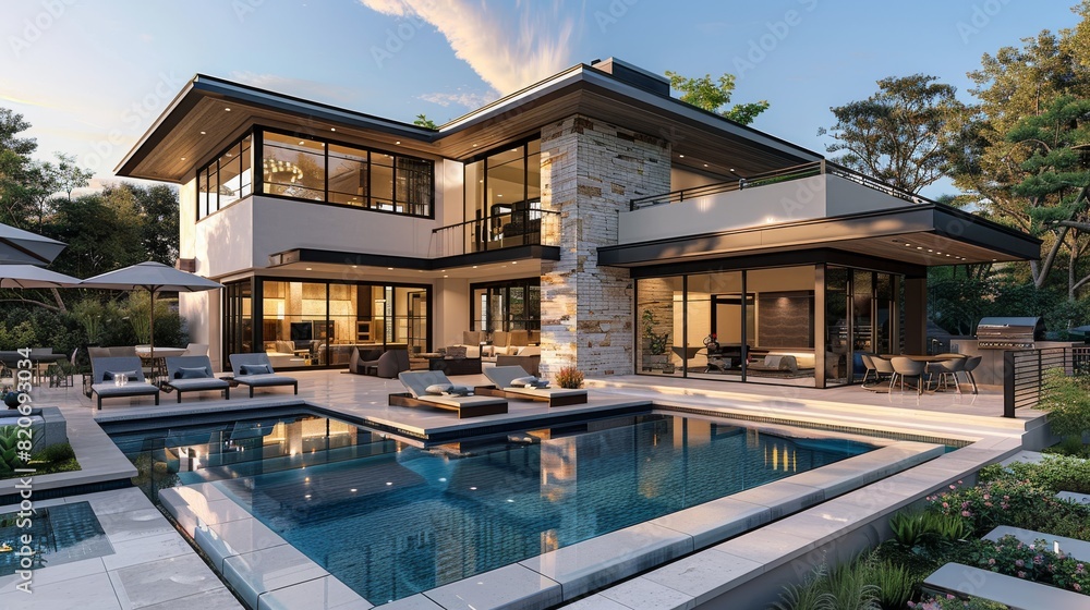 Fototapeta premium Modern two-story house with beige exterior and stone accents, featuring a spacious backyard with an infinity pool and hot tub. The patio area includes lounge chairs, a seating area. Generative AI.