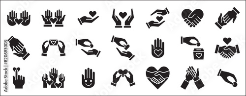Charity and donation icon set. Aids icons. Charity hands icon. Giving hand sign. Helping hand symbol. Vector stock illustration in flat style design for user interface and buttons resource.