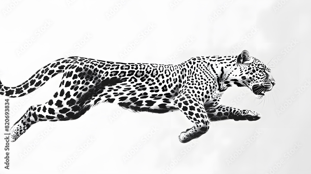 Fototapeta premium Jumping leopard black and white ink illustration isolated on white background