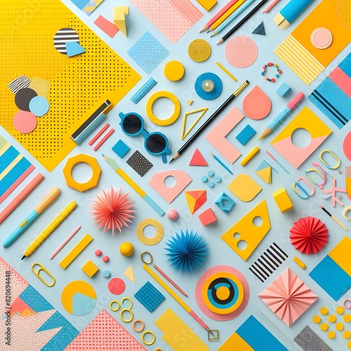 AI Generate of Background texture of Fashion Papers in Memphis Geometry Style. Yellow, blue, light blue, red and pastel pink colors. Top view, flat lay.