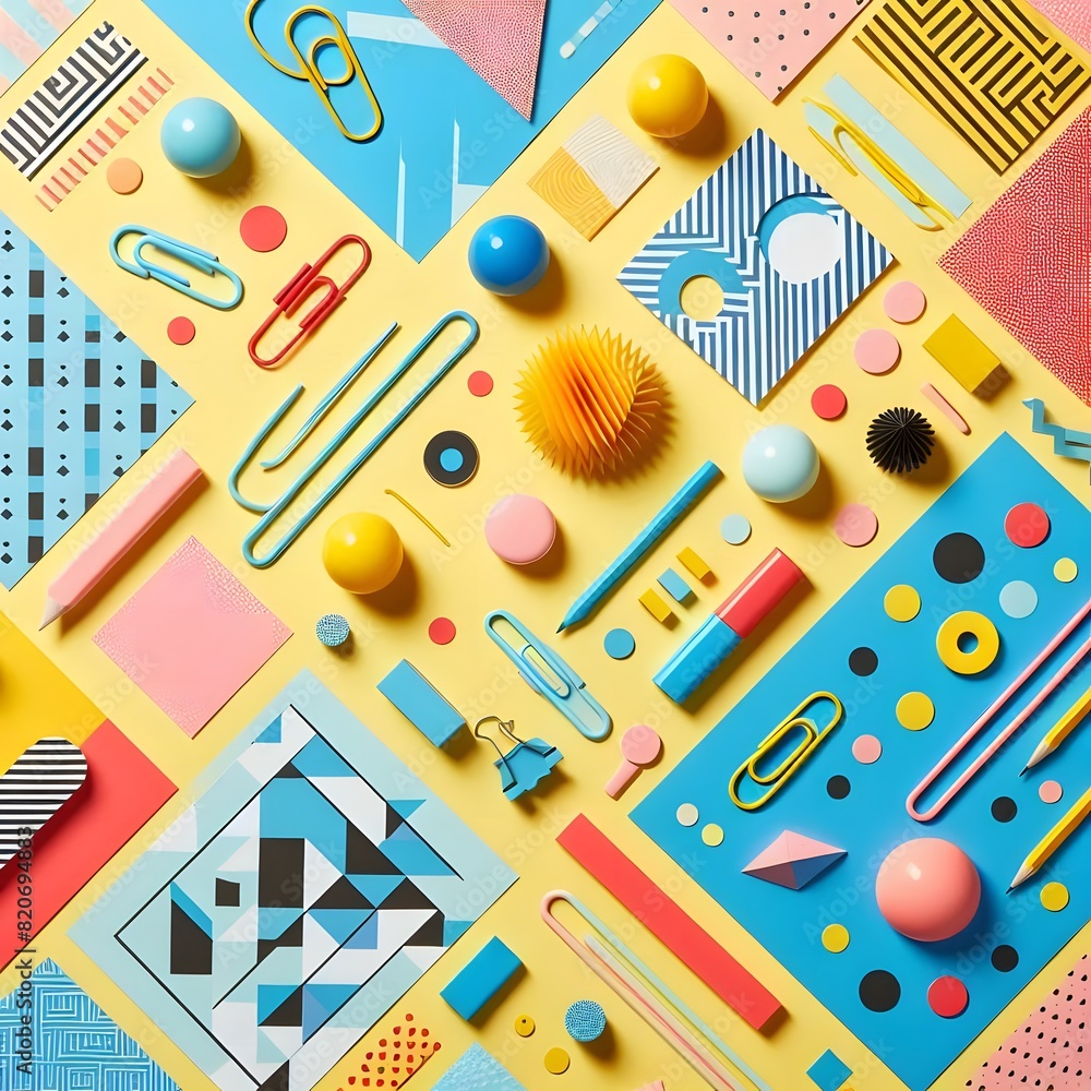 AI Generate of Background texture of Fashion Papers in Memphis Geometry Style. Yellow, blue, light blue, red and pastel pink colors. Top view, flat lay. AI Generate of Background texture of Fashion Papers in Memphis Geometry Style. Yellow, blue, light blue, red and pastel pink colors. Top view, flat lay.