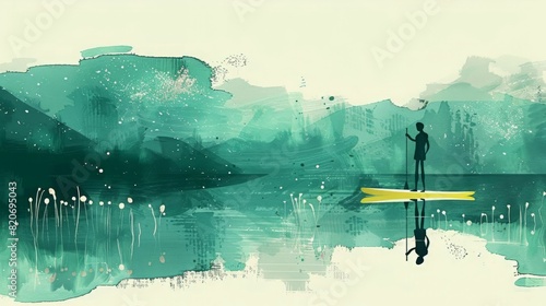 The watercolor painting shows a man stand up paddle boarding on a lake surrounded by mountains.