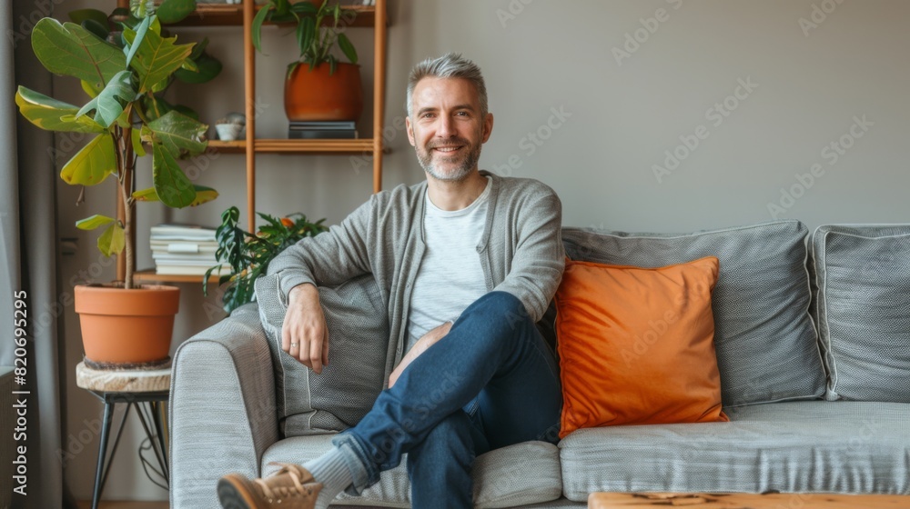 Fototapeta premium Smiling Man Seated on Sofa