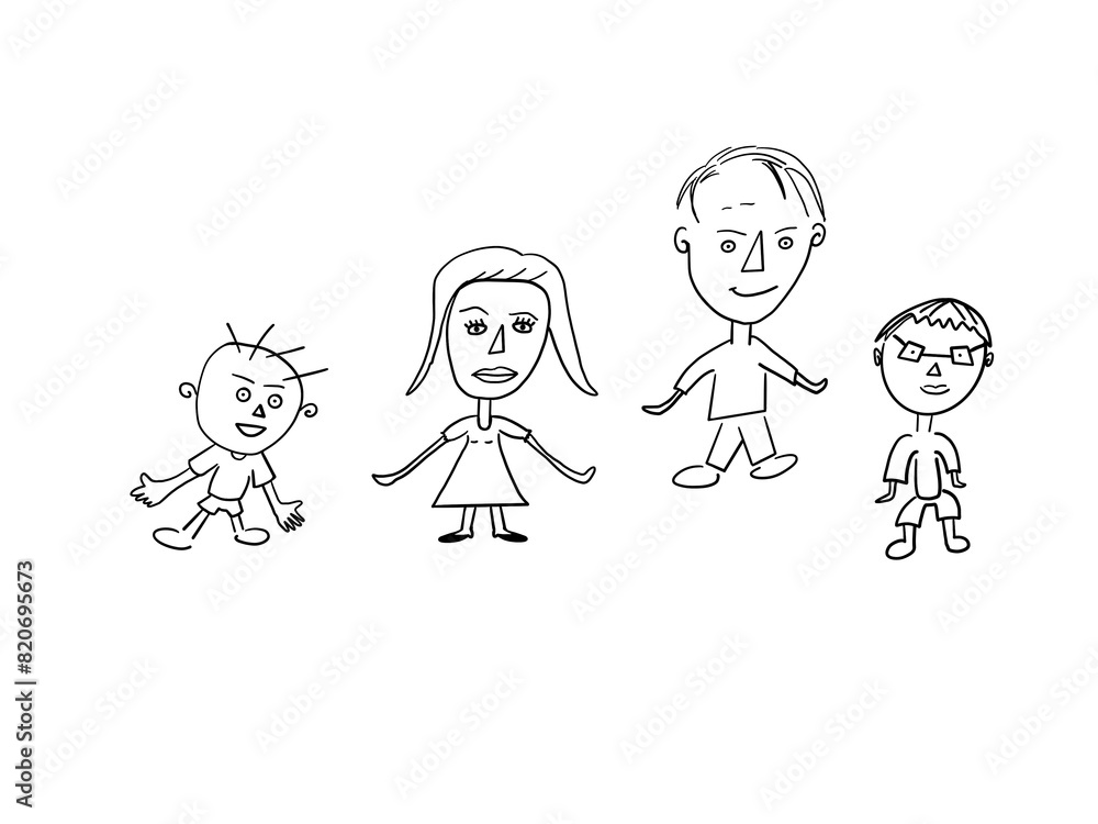 Black line drawing, family, parents, 2 children funny cartoon characters caricature. Black line drawing, family, parents, 2 children funny cartoon characters caricature.