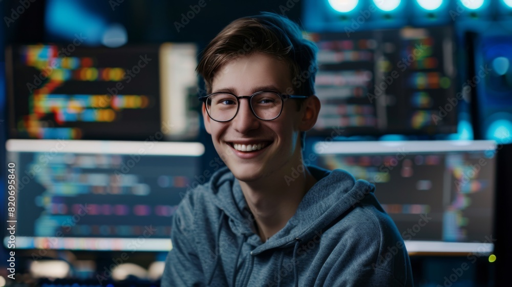 Obraz premium The Joyful Young Programmer