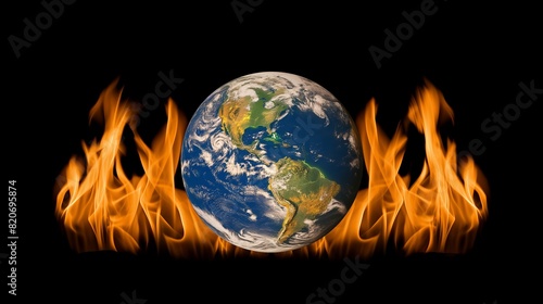 Earth Surrounded by Flames Highlighting Global Warming and Climate Change  photo