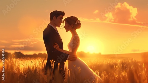 Romantic couple embracing in a sunlit wheat field at sunset cartoon illustration.