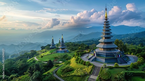 pagodas sitting on top of a lush green hillside