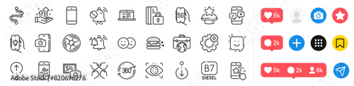 Analysis graph, Phone survey and Smile line icons pack. Social media icons. Swipe up, Cogwheel, Phone photo web icon. Photo camera, Squad, Like pictogram. Smartphone, Electric app, Diesel. Vector