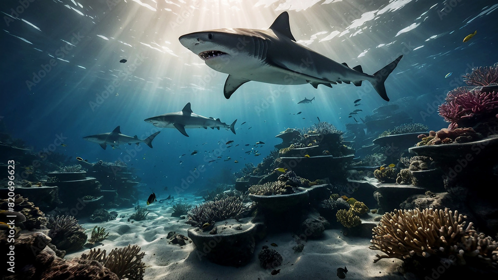 Fototapeta premium Sharks swimming along coral reefs